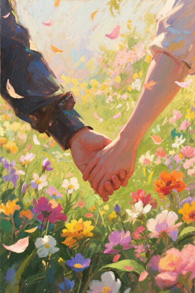 AI随心绘在花海中，两只手紧握。时光于此定格，心与心交织着温暖与希望✨