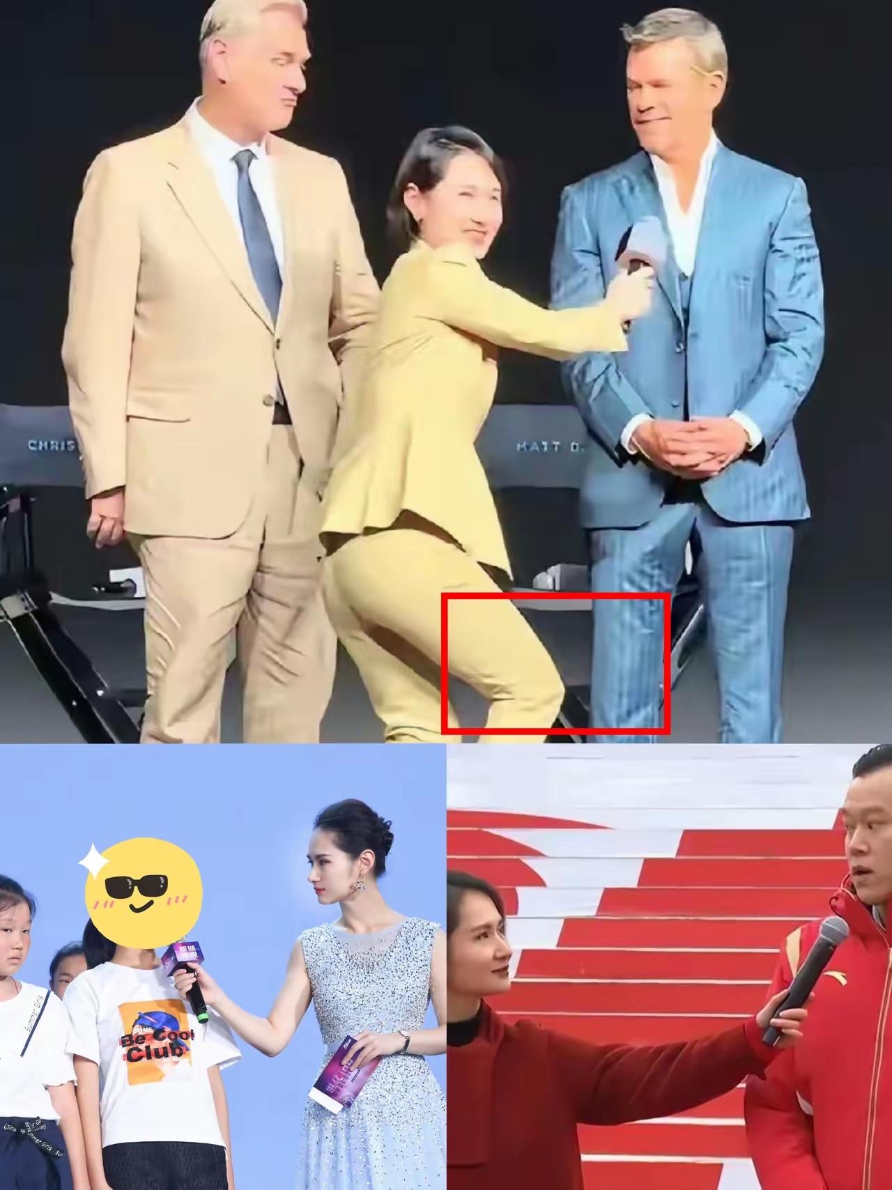 这位女主持人在采访外国人的时候，惊人的采用了半蹲的站立方式，其实我能读懂她内心的
