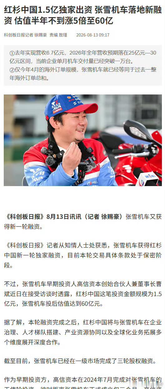 张雪机车估值大涨5倍至60亿短短不到半年，估值从10亿冲到60亿，红杉中国1.5