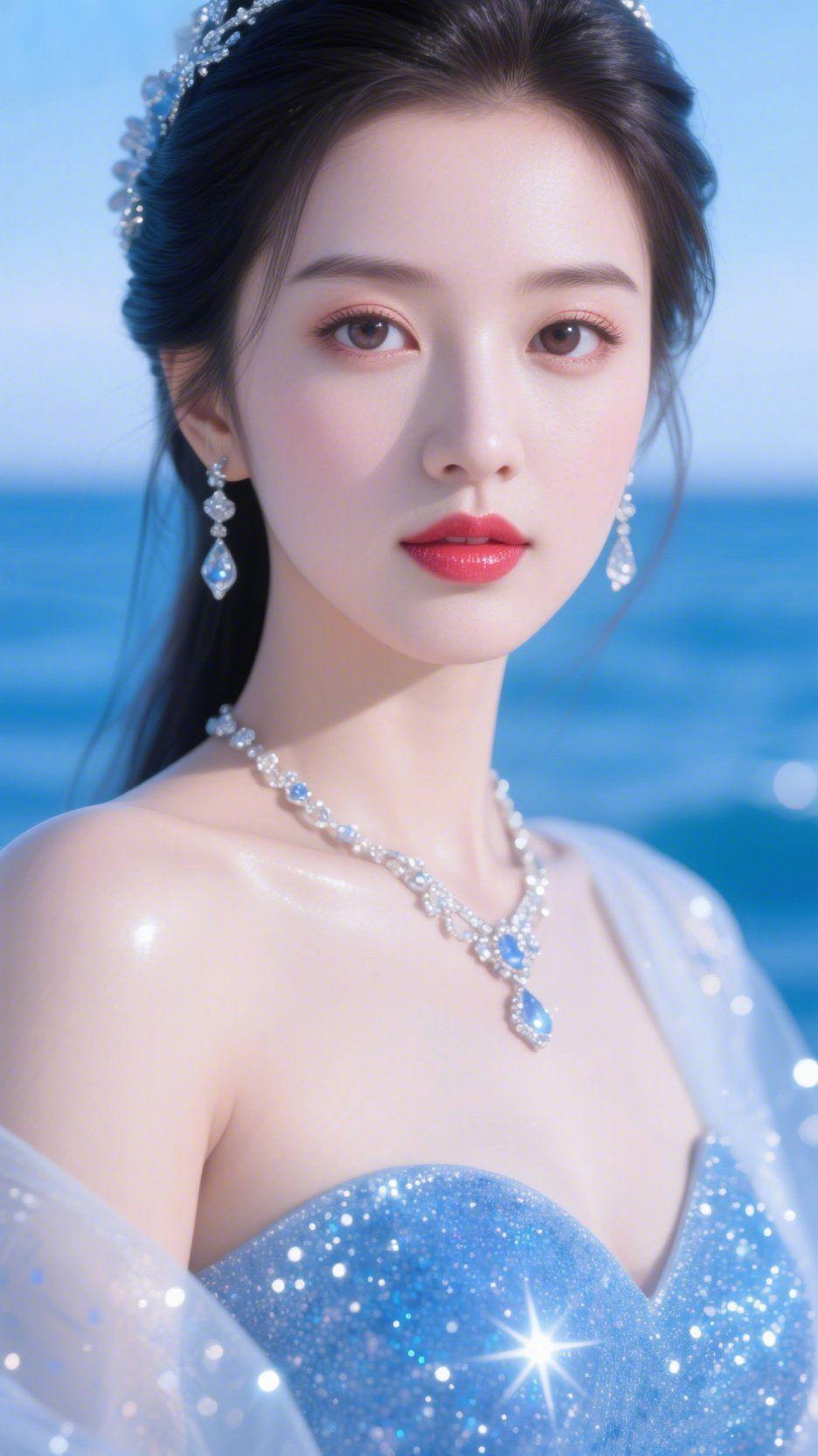 海与蓝星光
 
海风漫过肩头，揉碎了整片深海的蓝，坠在裙裾上的星光，与海面的波光