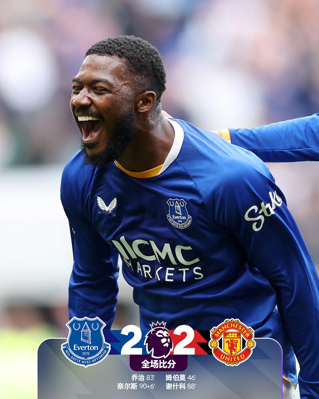 全场比分 | 埃弗顿 2-2 曼联⚽第46分钟，姆伯莫利用个人能力硬突内切射门得