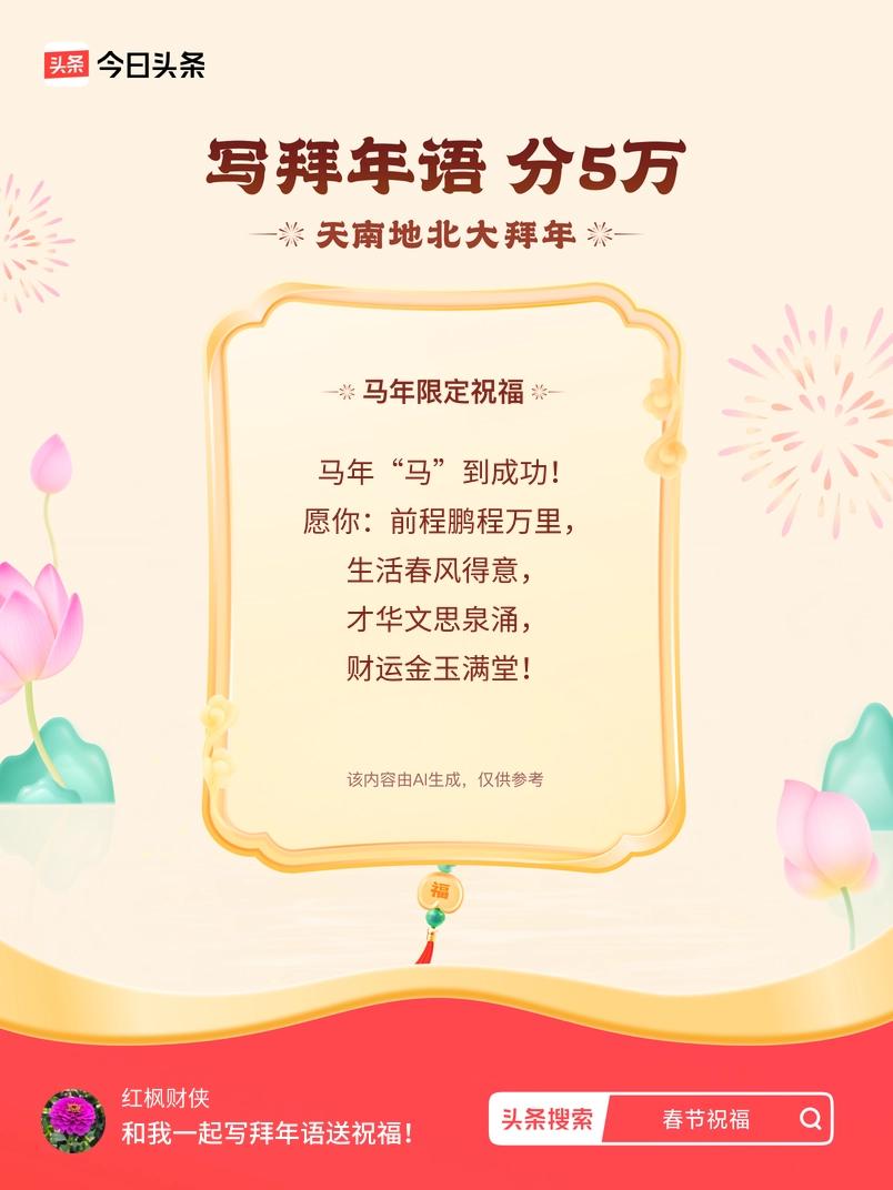 写拜年语送祝福新春拜年送祝福！我的祝福是：“马年“马”到成功！愿你：前程鹏程万里