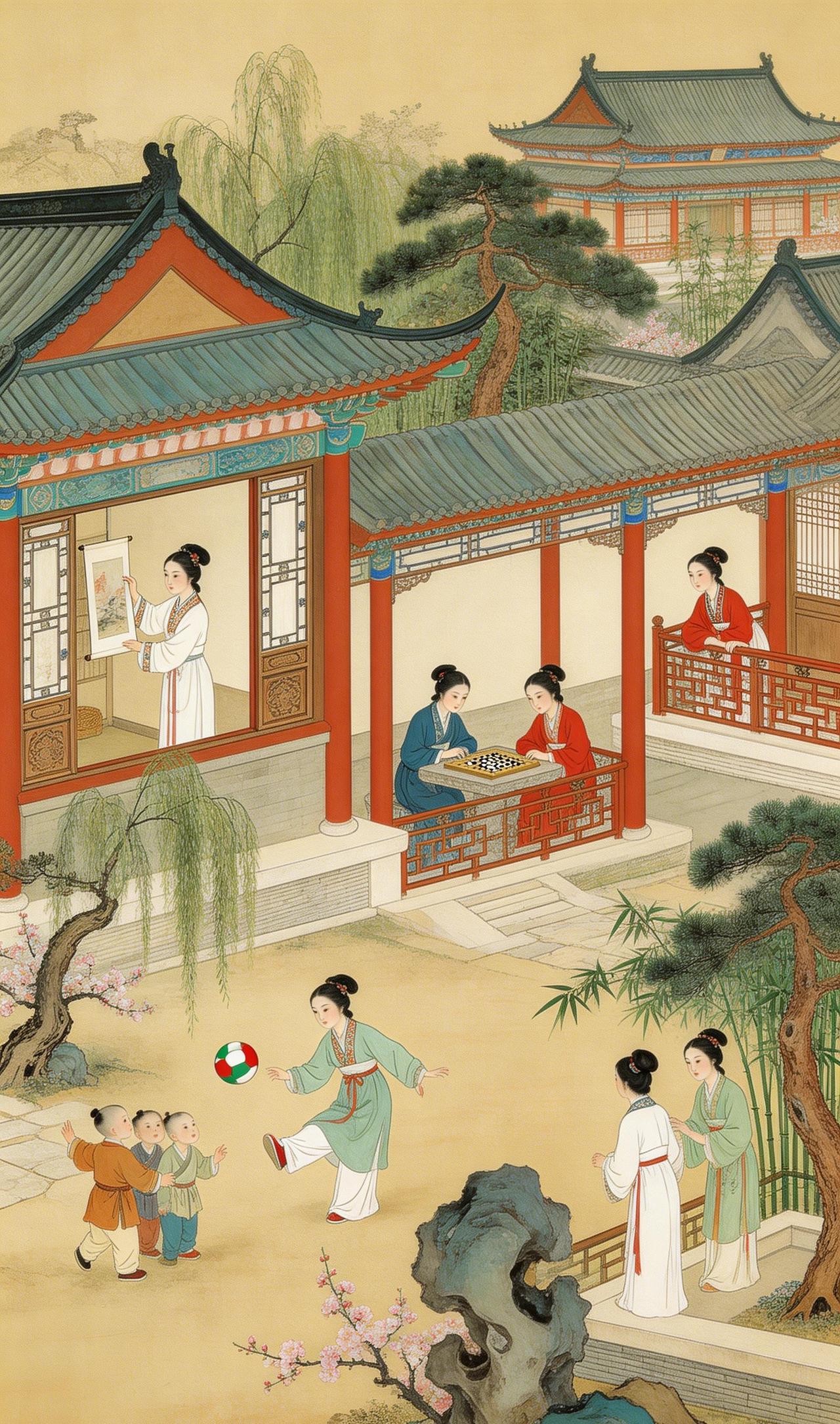 春庭撷影
春日午后，庭院深处浸着融融的暖意。青瓦红柱的亭台错落于光影之间，苍松虬