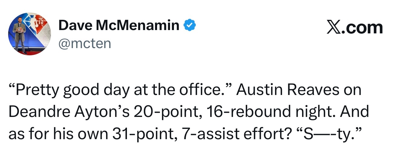 里夫斯评价今天艾顿20分16篮板的表现：“今天他相当不错。”至于他说自己31分7