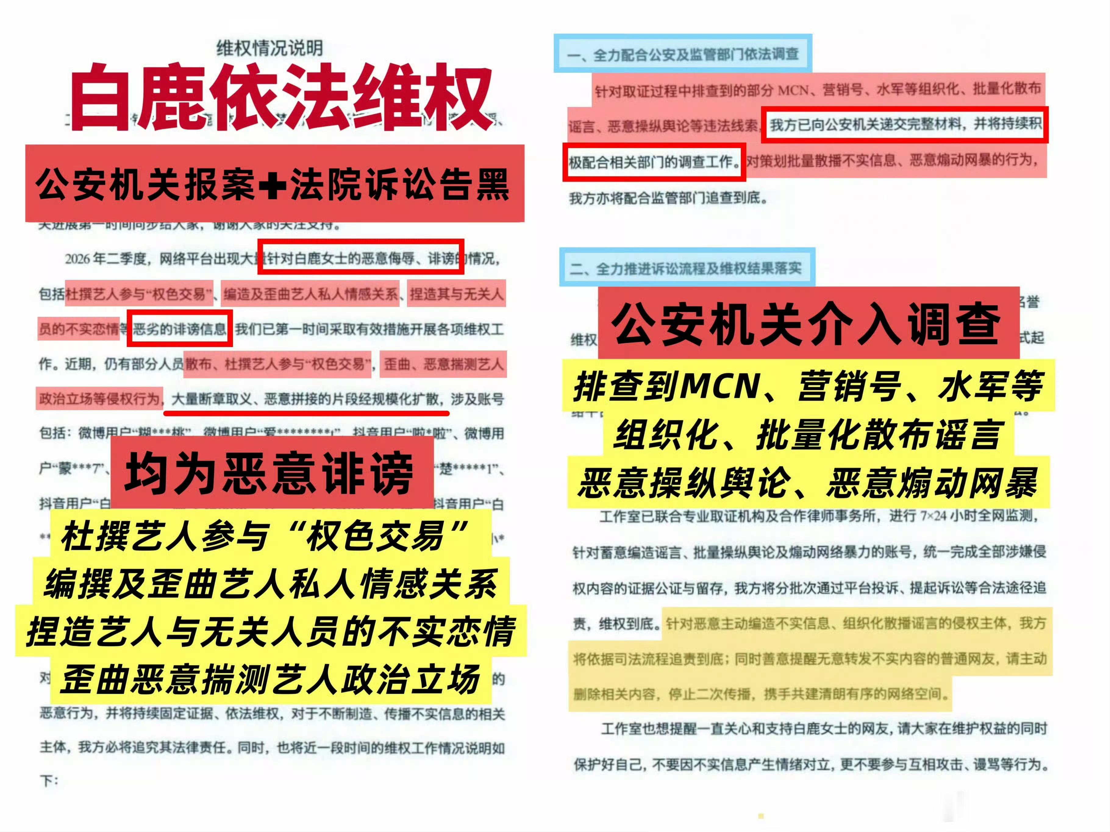 白鹿方告黑新行为白鹿依法维权 网络非法外之地 恶意诽谤的人可以有进狱系的人生体验