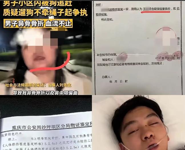 男子好好走在路上，两只没有系牵引绳的狗突然冲了出来，吓得男子连连躲闪，险些被恶犬