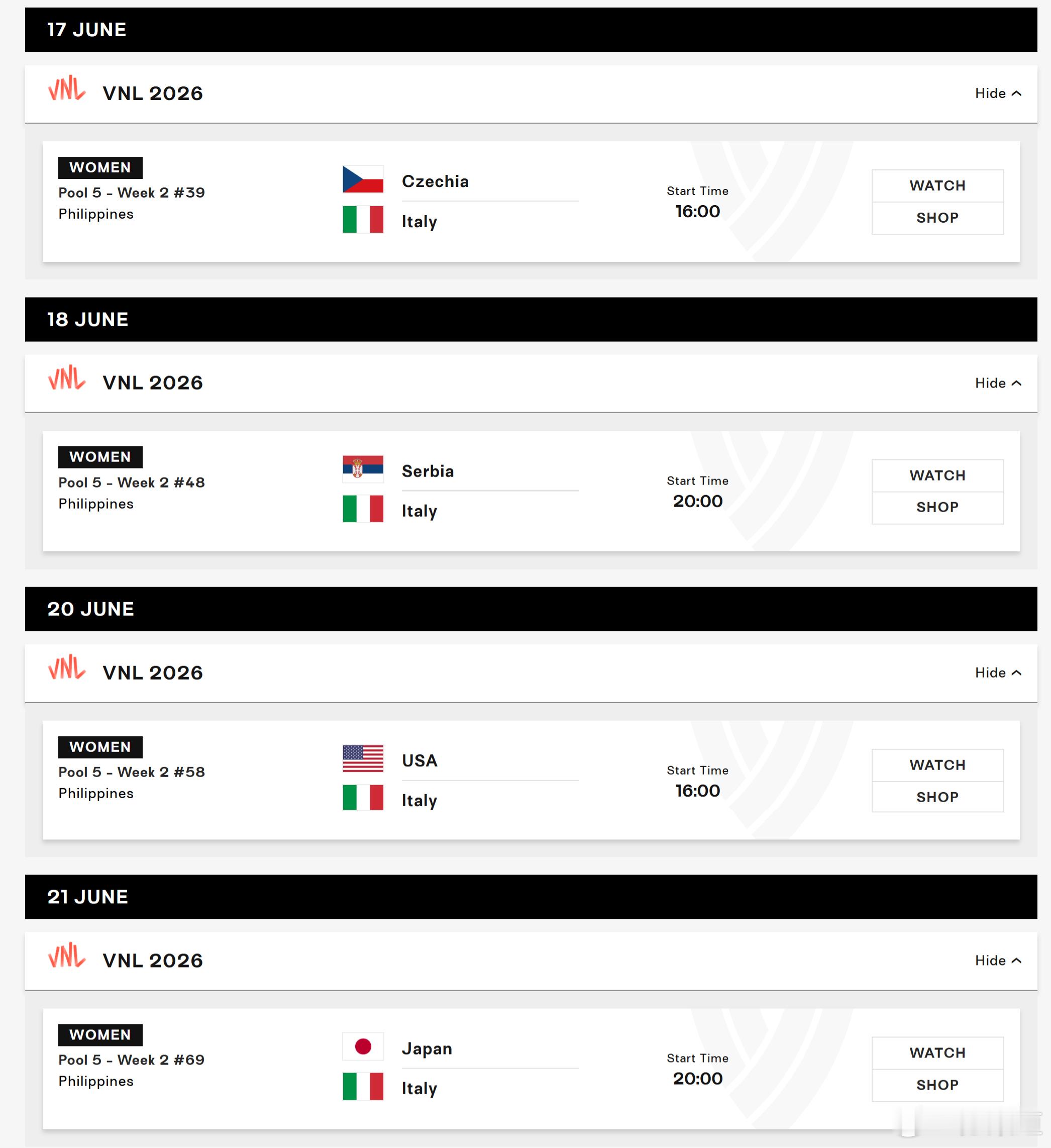 国际排坛动态意大利女排卫冕冠军意大利女排2026VNL分站赛赛程 第一周（巴西利