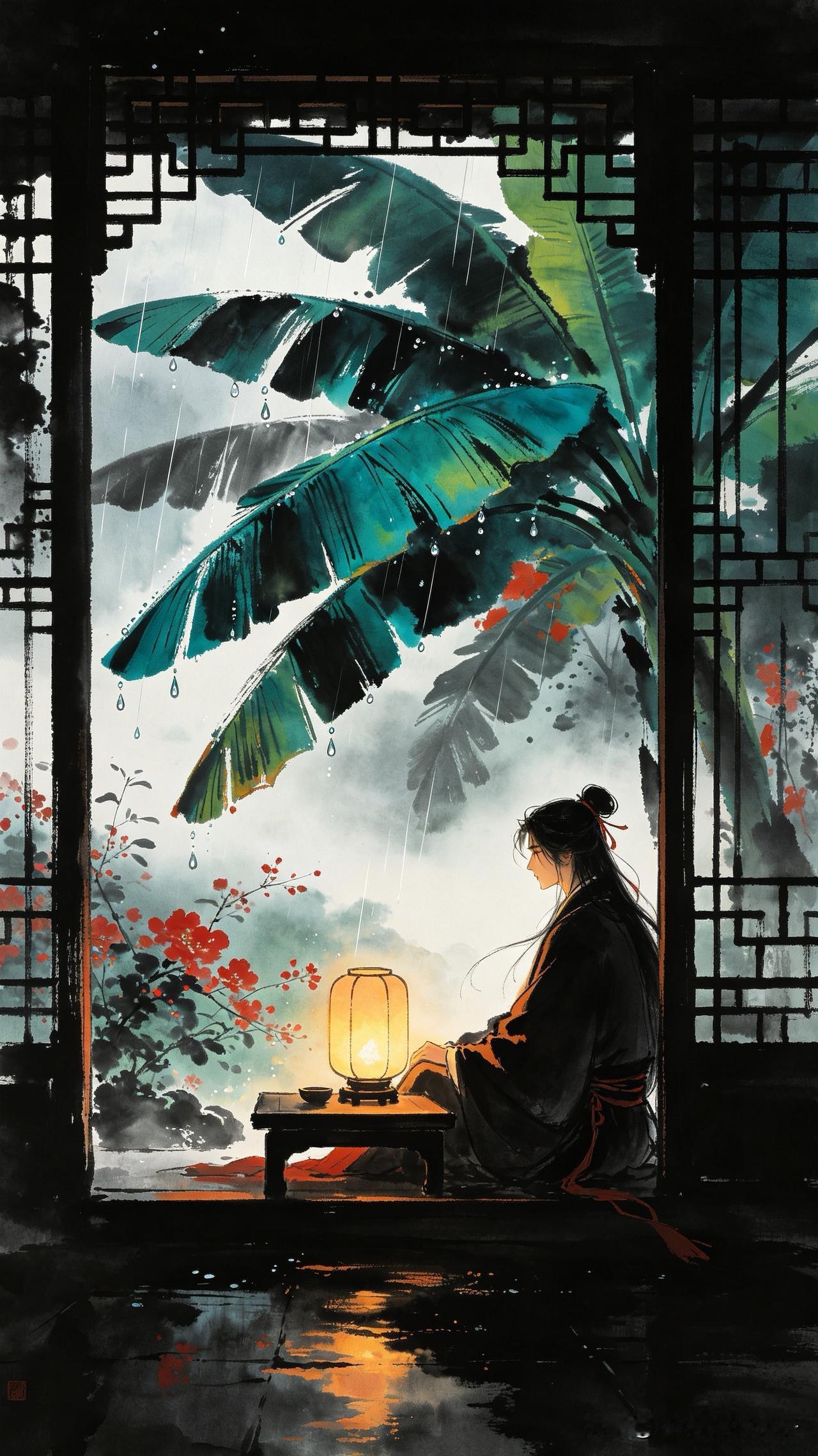 墨痕犹在泪痕新，
独对孤灯忆远人。
窗外芭蕉声欲碎，
      
…………请师