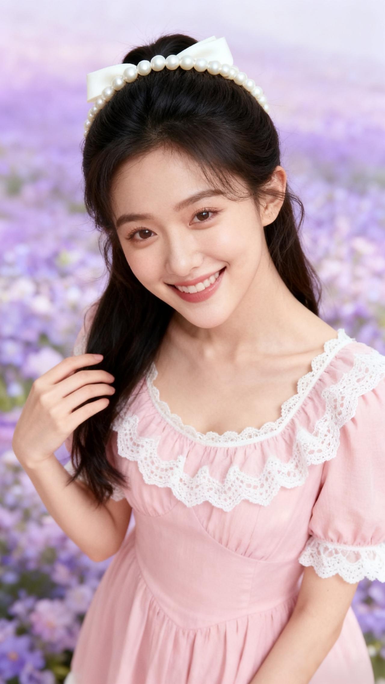 甜美少女，粉色花裙，面带花儿般的微笑，自信满满
少女风写真照甜美少女风 甜系少女