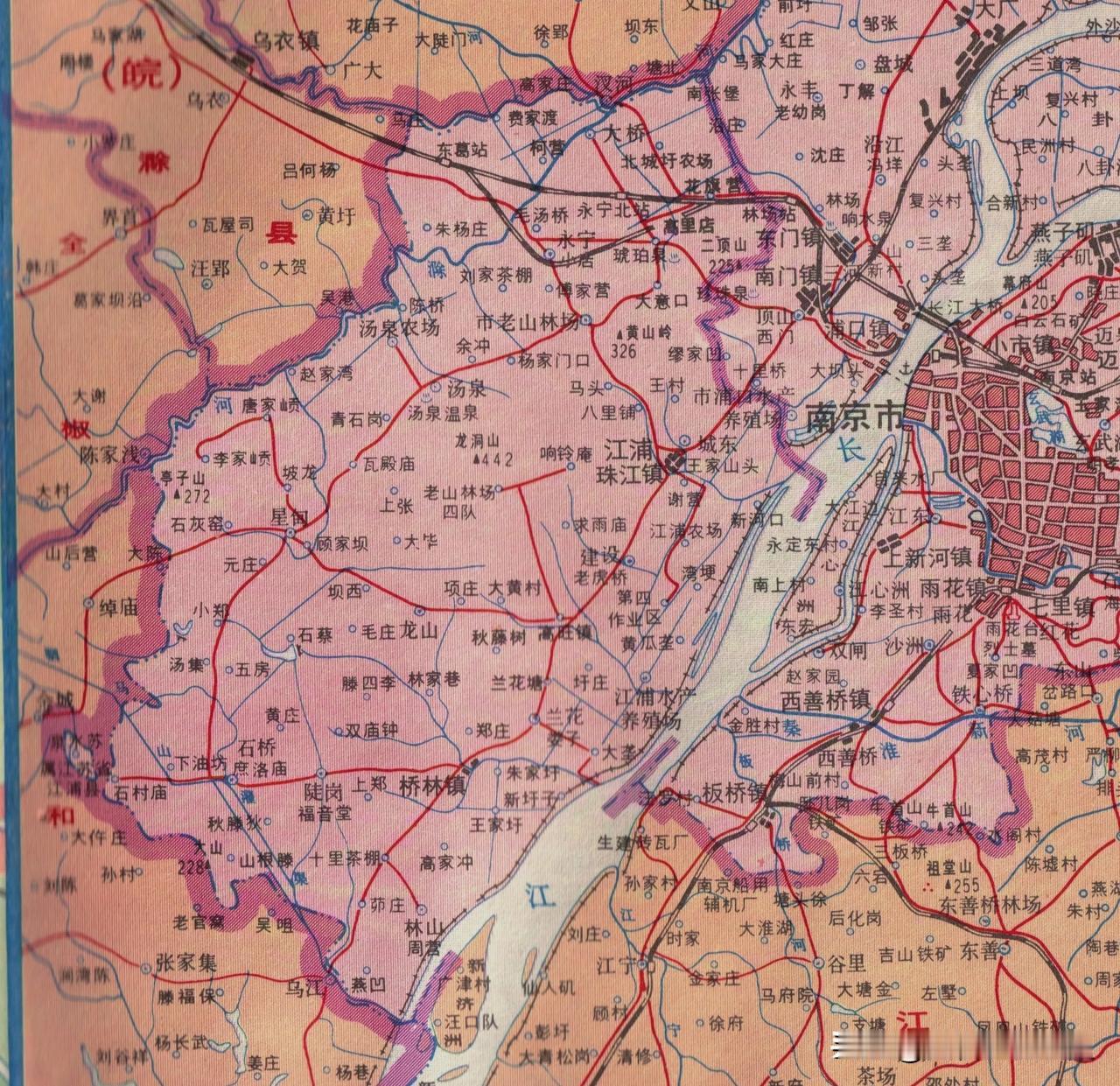 1984年江苏省南京市江浦县地图。江浦县县城为珠江镇，重要乡镇有桥林镇。当时的南