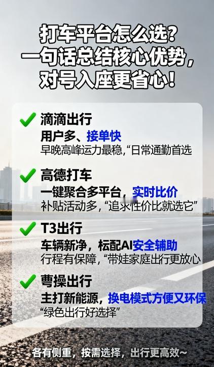 打车平台怎么选？一句话总结核心优势，对号入座更省心！

✅ **滴滴出行**：用