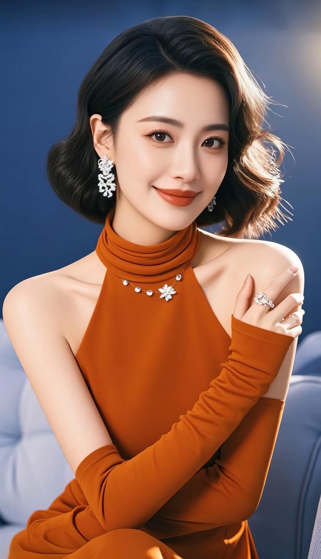 优雅复古风，棕色高领连衣裙，搭配精致耳饰，尽显女性魅力！高清美女 美女人像群