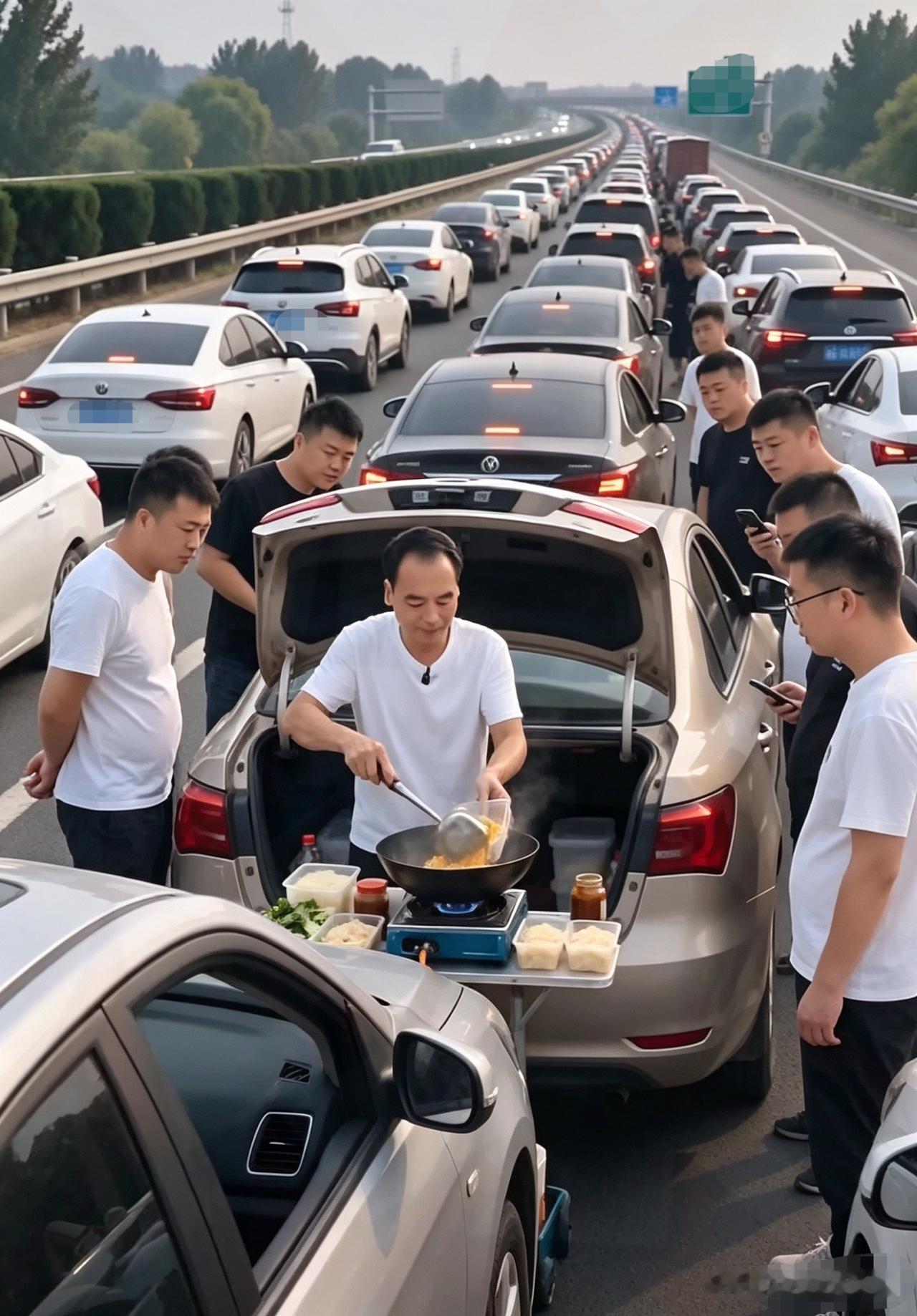 高速堵车名场面！
国庆归途，就地起锅做饭…？

国庆返乡路上遇上大堵车，长长的车