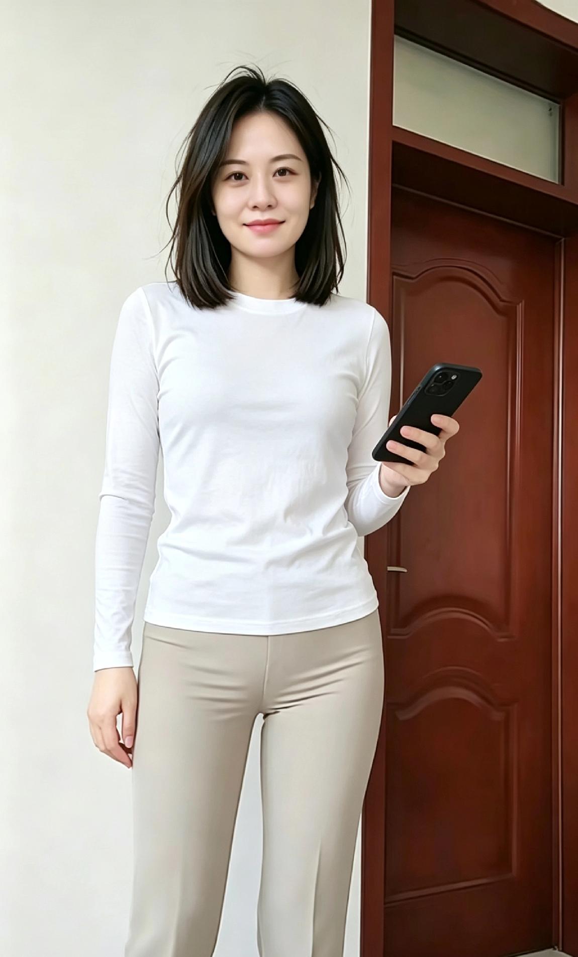 三十一二岁的女子自带独有的气场，在家门前从容自拍。简约白色修身长袖贴合身形，勾勒