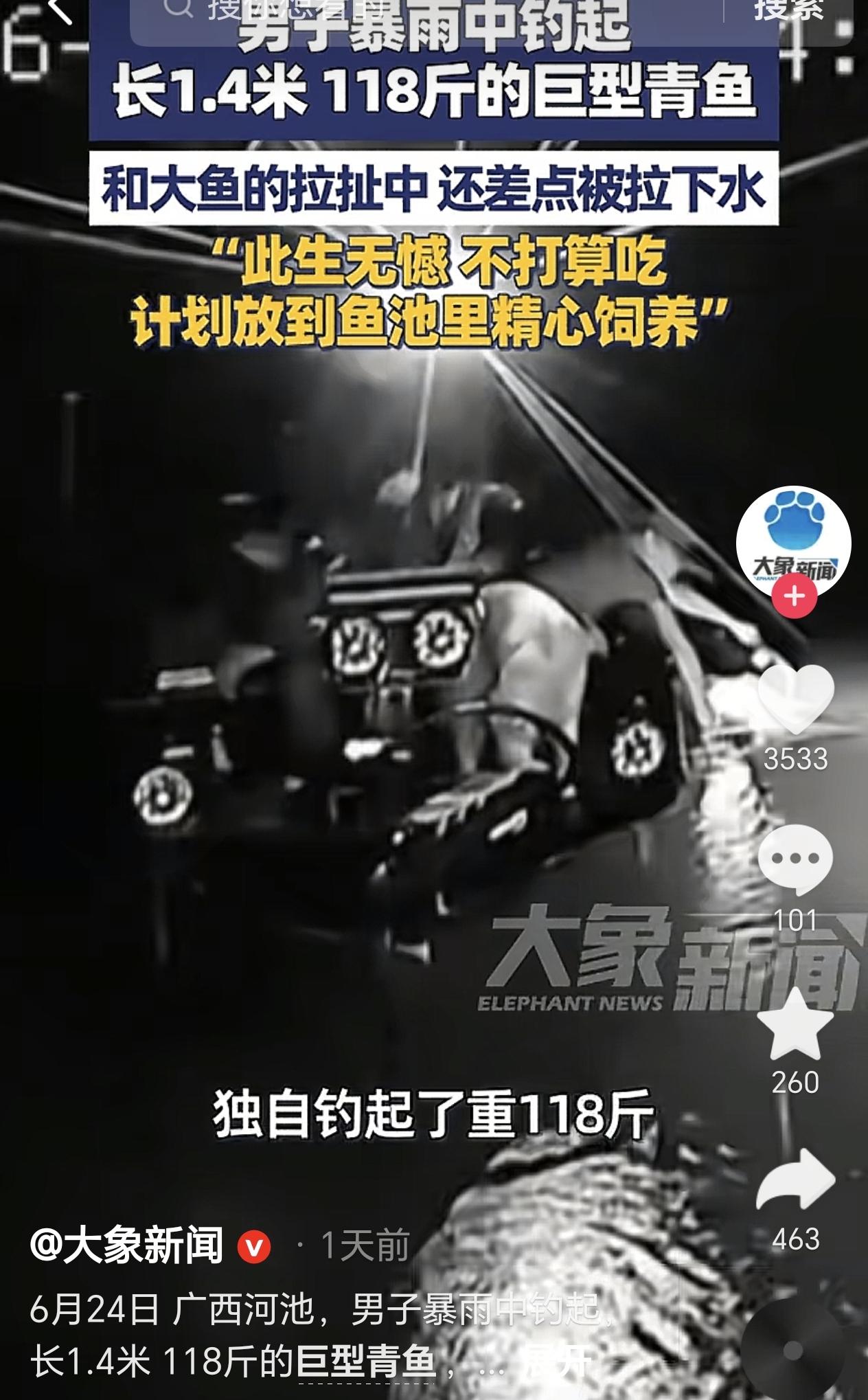 广西河池，一男子夜钓了一条118斤的巨型青鱼，他还差点被拉下水，男子还说钓到这么