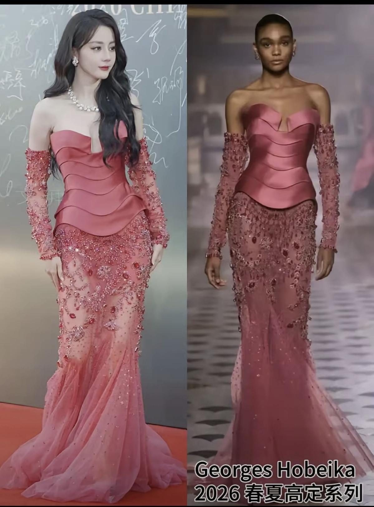 同样的一件玫红高定礼服，两种肤色演绎出完全不同的美感，大家都说热巴输给了黑人模特