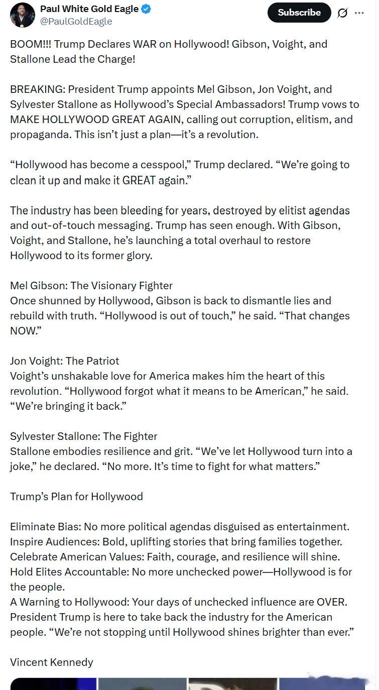 特朗普向好莱坞宣战！吉布森、沃伊特和史泰龙领衔行动！特朗普总统任命梅尔·吉布森、