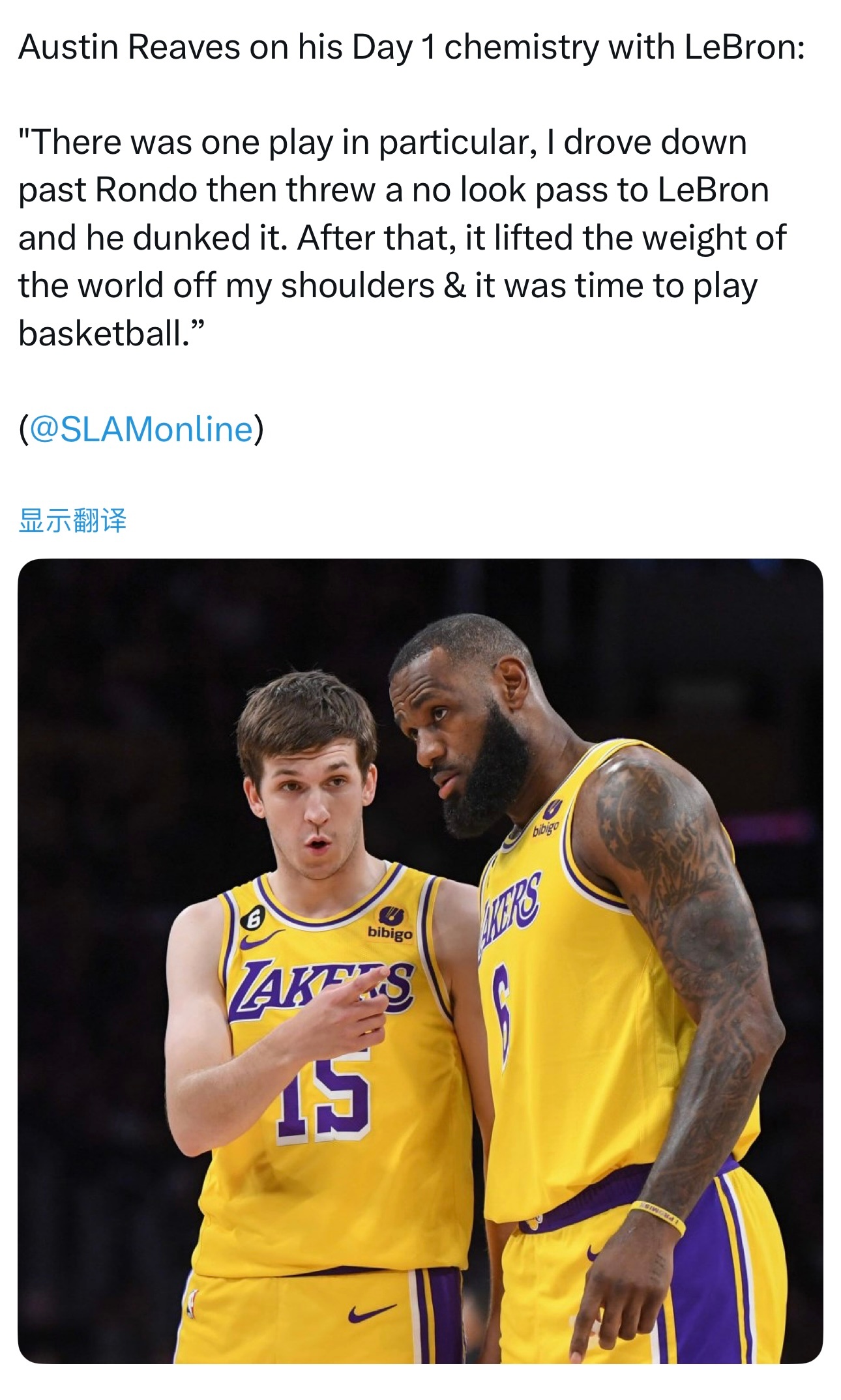 里夫斯谈加盟湖人以后第一次训练时与詹姆斯的化学反应：“有一个回合特别精彩，我突破