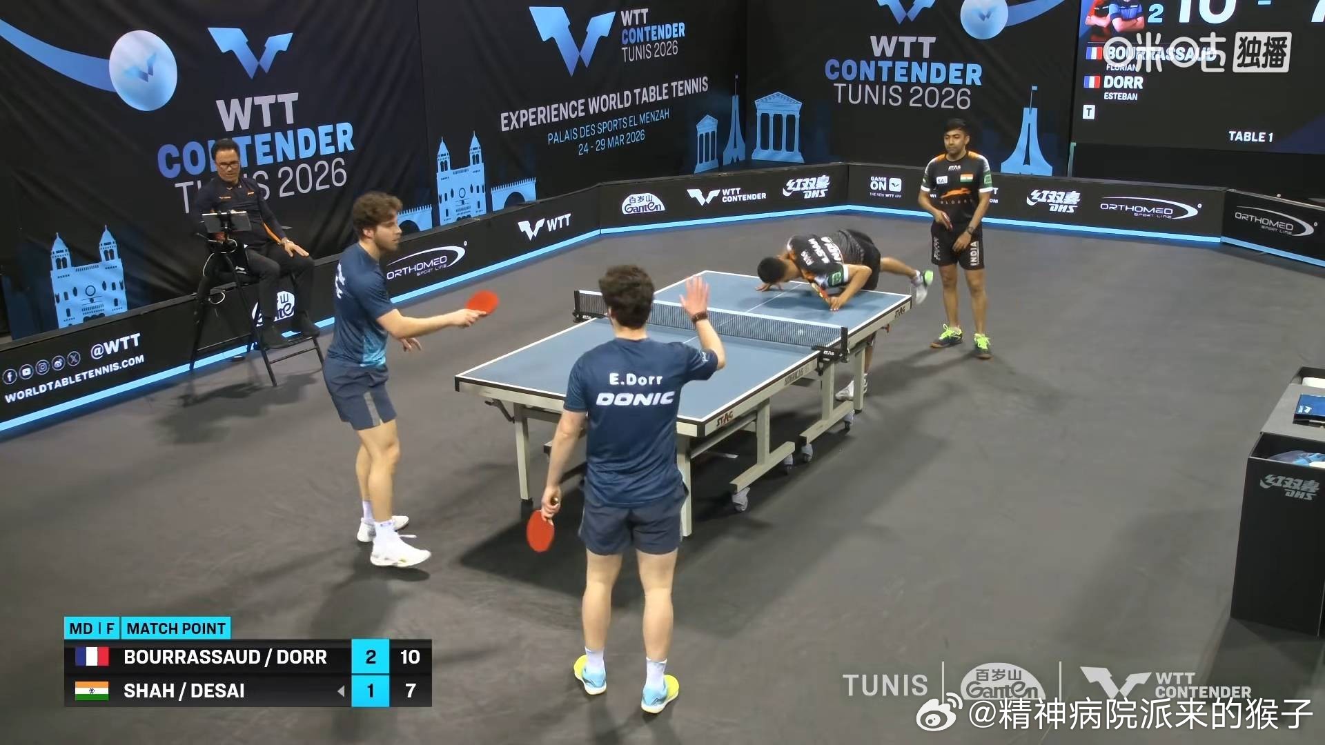 多尔布尔拉萨德3比1德赛玛纳什（6，-9，10，7）获得2026WTT突尼斯常规