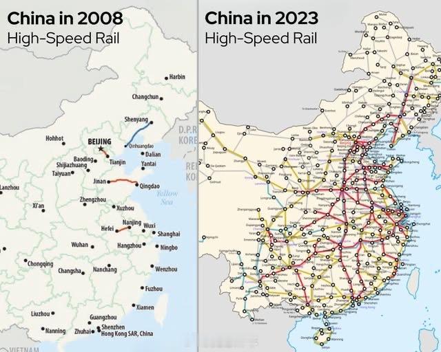 肉眼可见！中国高铁网络 2023 年对比 2008 年…高铁汽车