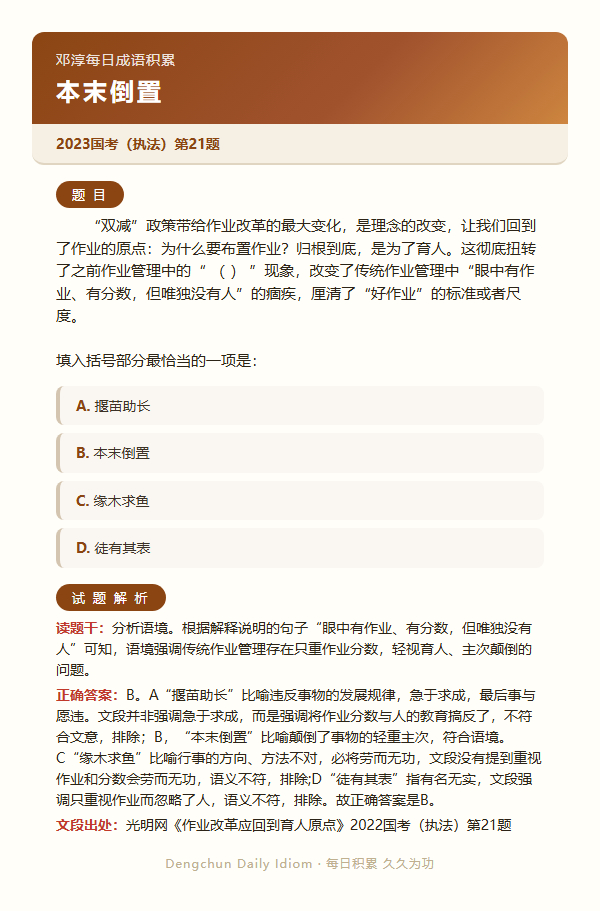 今日公考言语高频成语：本末倒置+3 道真题 