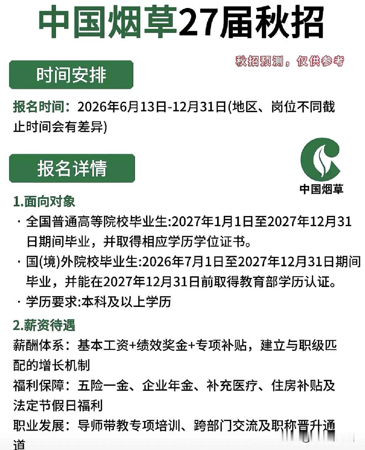 同学们，中国烟草27届秋招这事儿，别觉得它离你还远，其实机会就在眼前，就看你抓不
