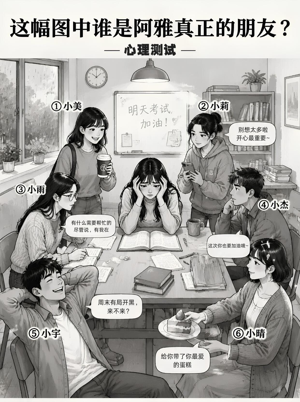 马上要考试了，阿雅十分苦恼。这时她的几位朋友纷纷前来安慰她，你觉得谁才是阿雅真正