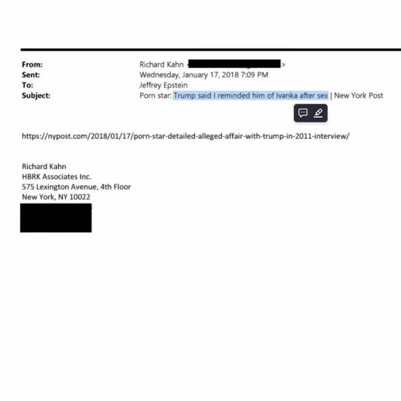 特朗普曾说：你让我想起了性爱后的伊万卡。根据爱泼斯坦档案中新公布的一封电子邮件显