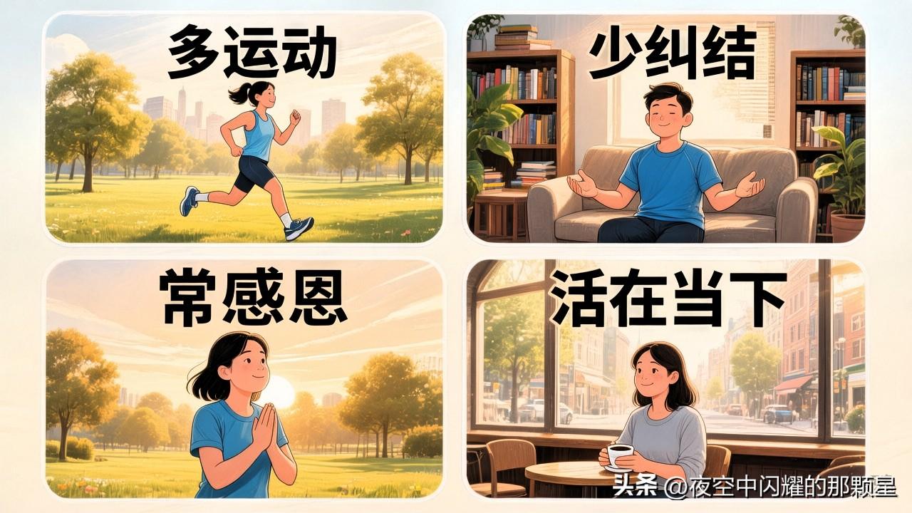 多运动、少纠结、常感恩，活在当下，不跟自己较劲。