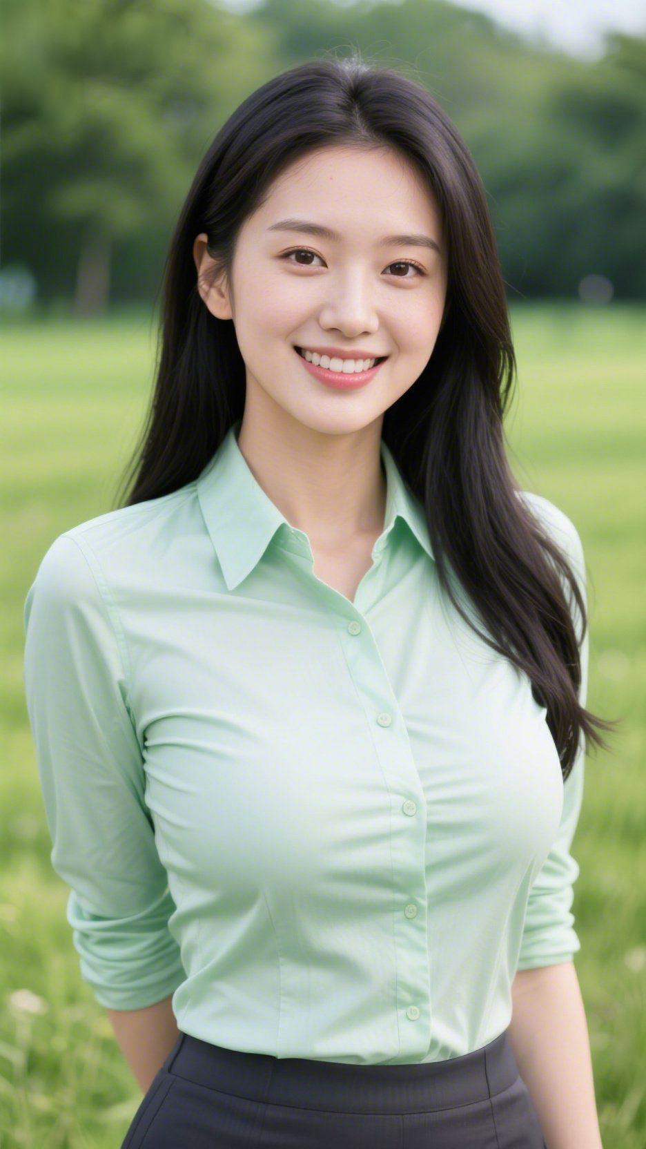 《青衫裹柔，晴光栖身》
 
夏风裹着草香漫过时，她立在晴光里，浅衫似揉碎的春柳色