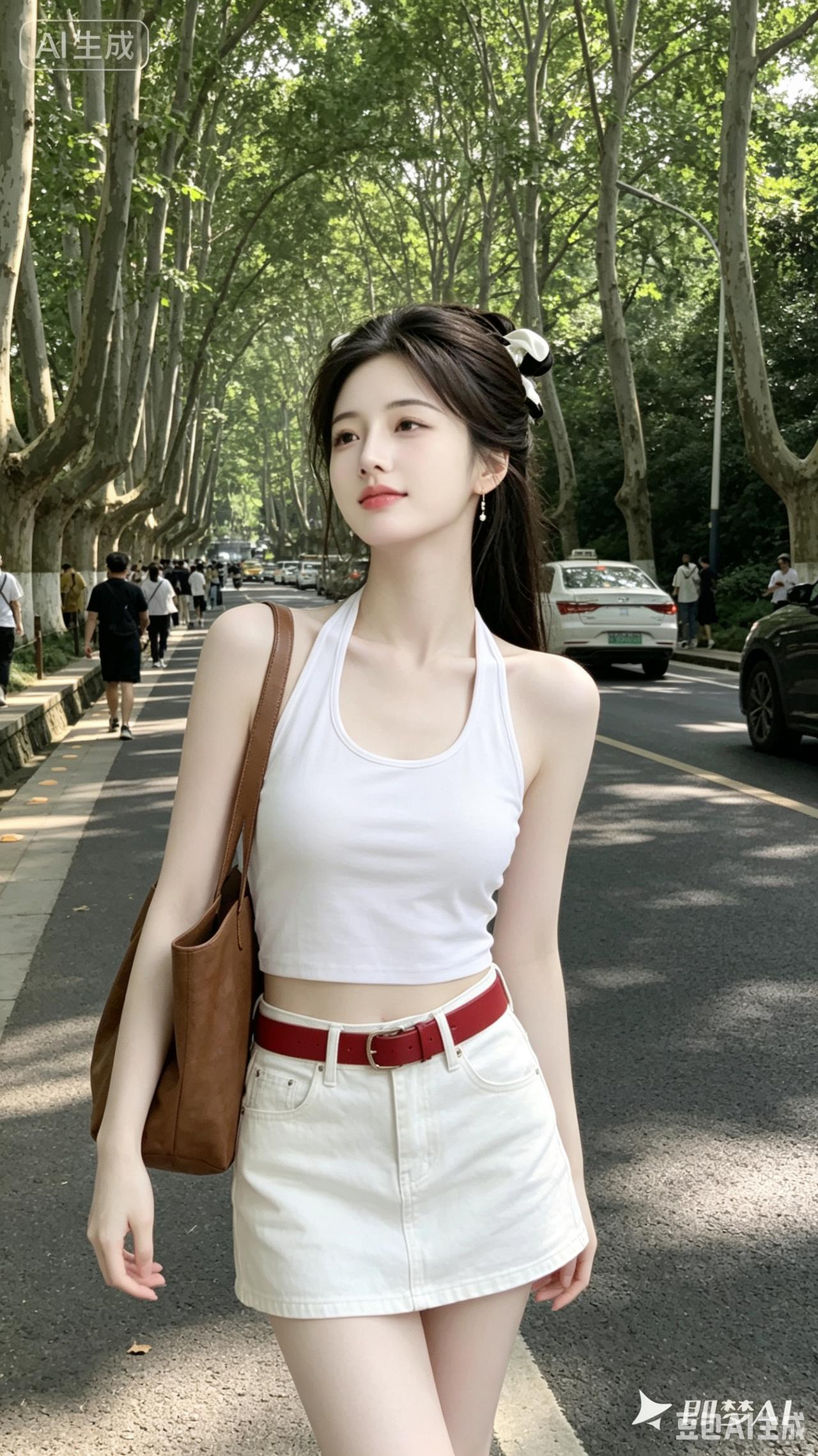 夏日清新穿搭，白色背心+牛仔短裙，搭配棕色包包，元气满满！