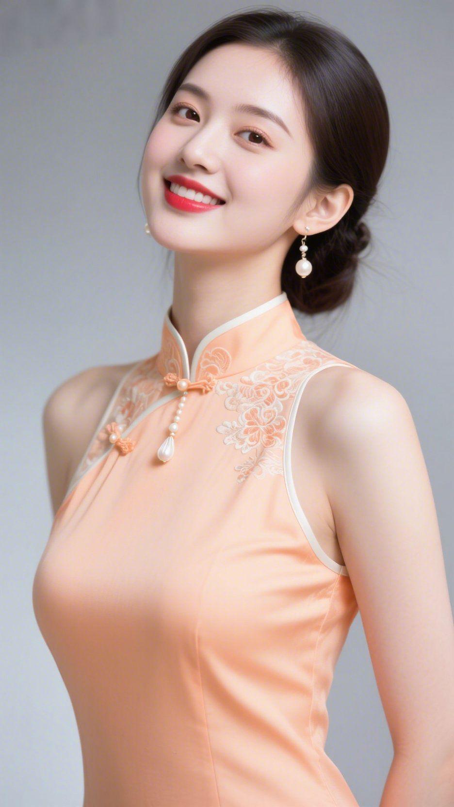 橘旗袍里的雅柔韵
 
淡橘缎面裹着温软，旗袍领口的绣纹如轻绽的春枝，珍珠盘扣垂着