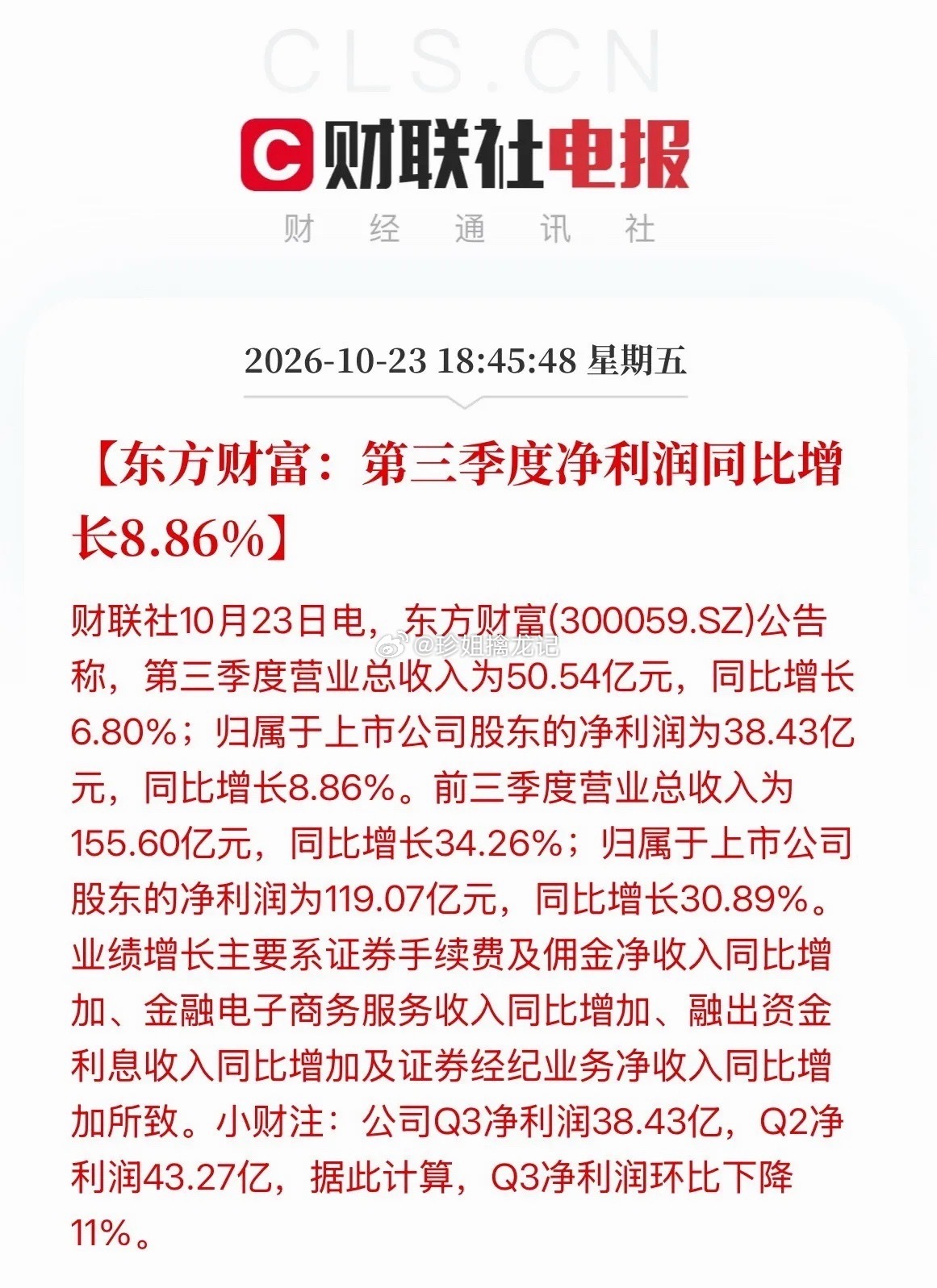 国际金价暴跌因获利了结东方财富第三季度利润下降11%，大A连续下跌，券商利润都搞