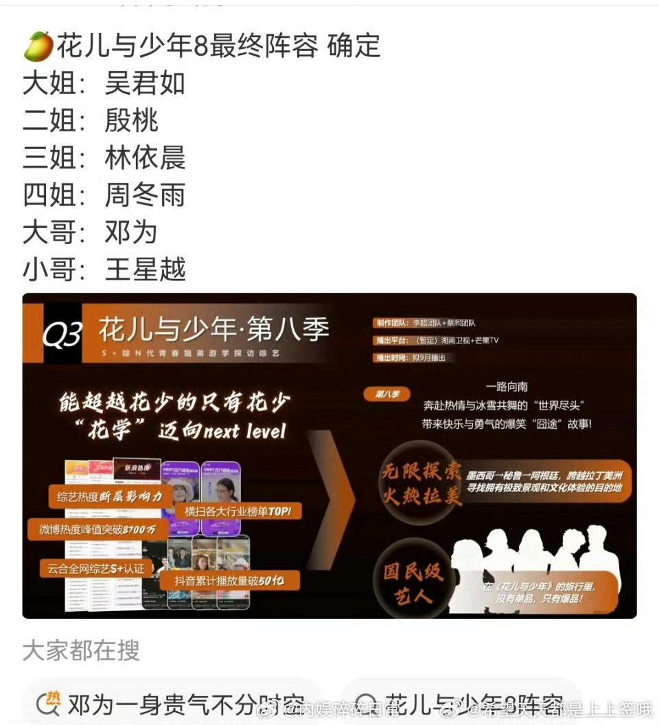 网传《花儿与少年8》嘉宾名单曝花少8阵容已确定 花少真是神一季 鬼一季。这季应该