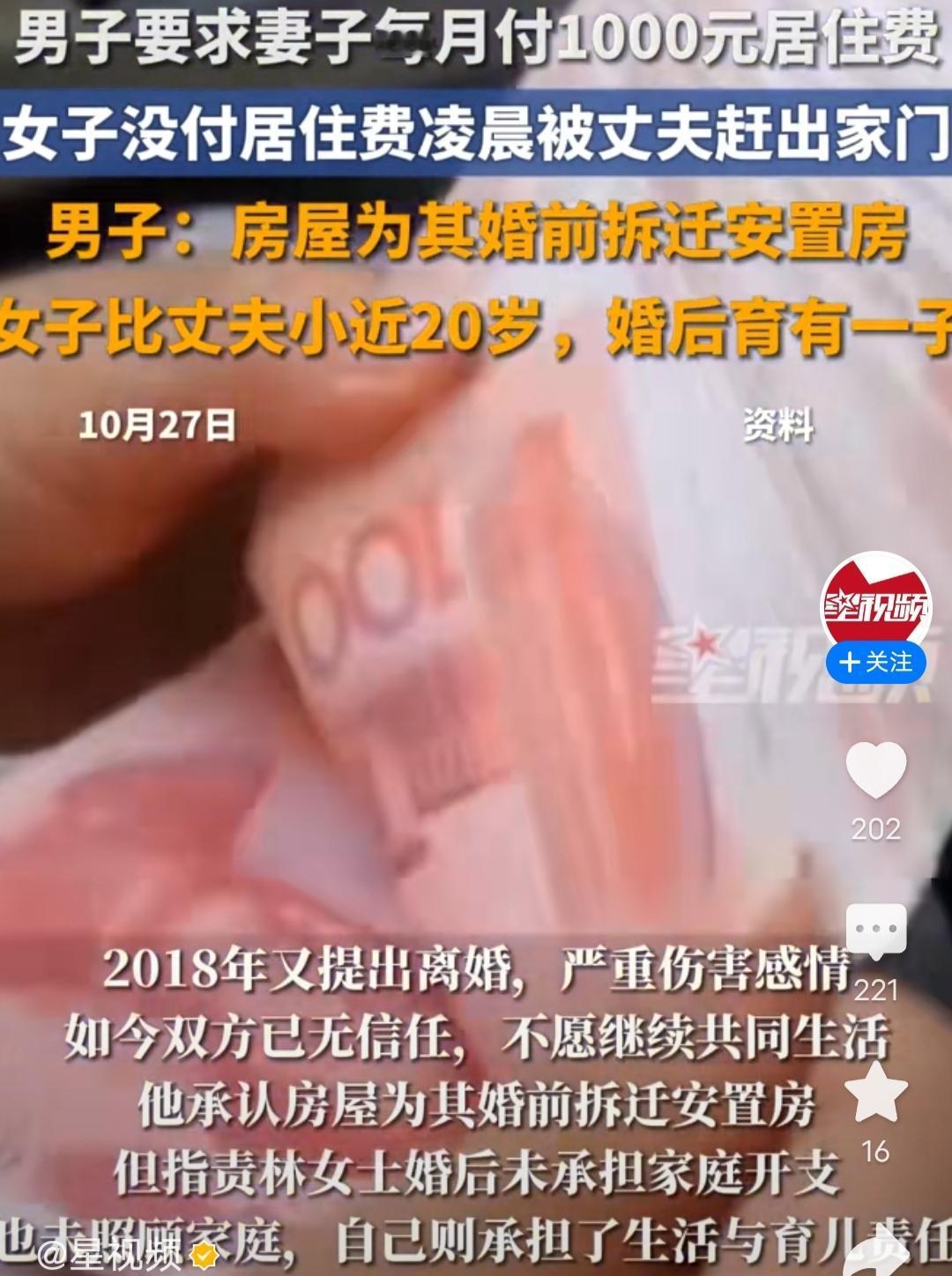 男子要求妻子每月付1000元居住费，妻子没付居住费凌晨被丈夫赶出家门。
这是相关