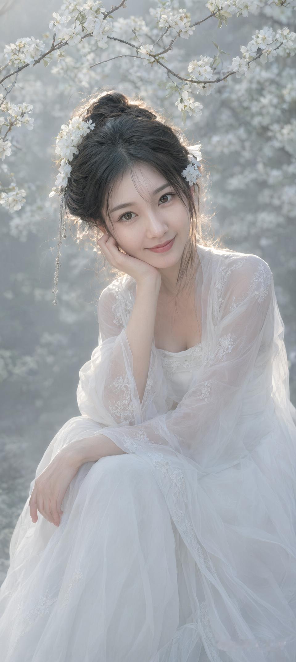 你喜欢哪一种气质的美人? 穿婚纱的姑娘在花丛中微笑。
