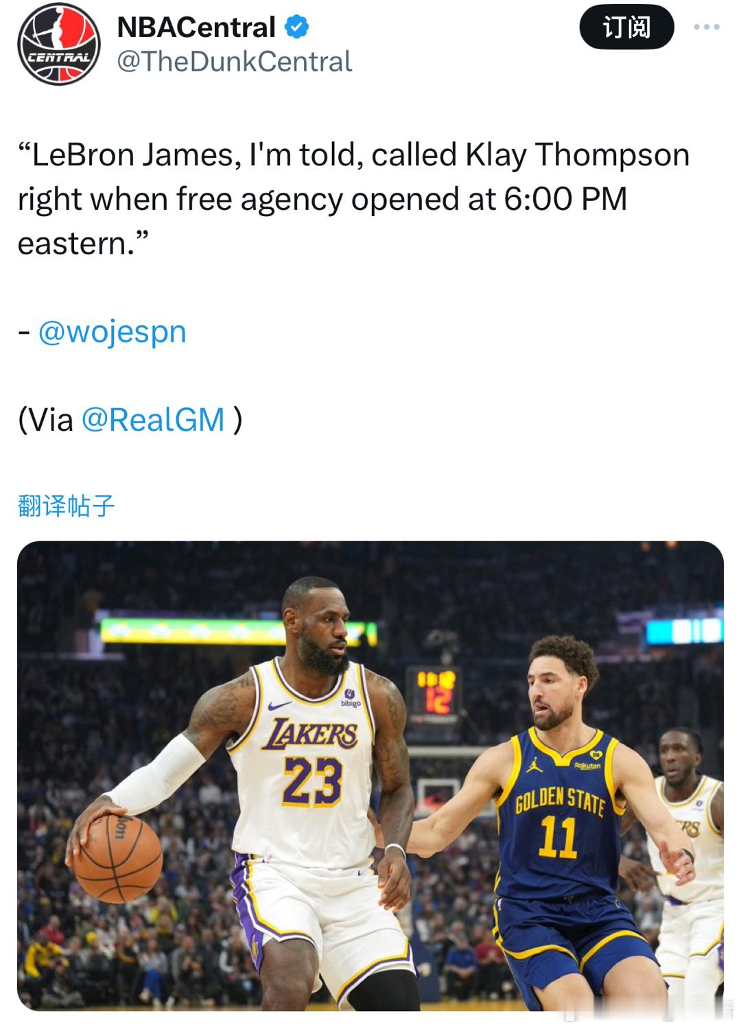 Woj:我被告知詹姆斯在六点自由市场一开启就马上联系了克莱-汤普森。#金州勇士[