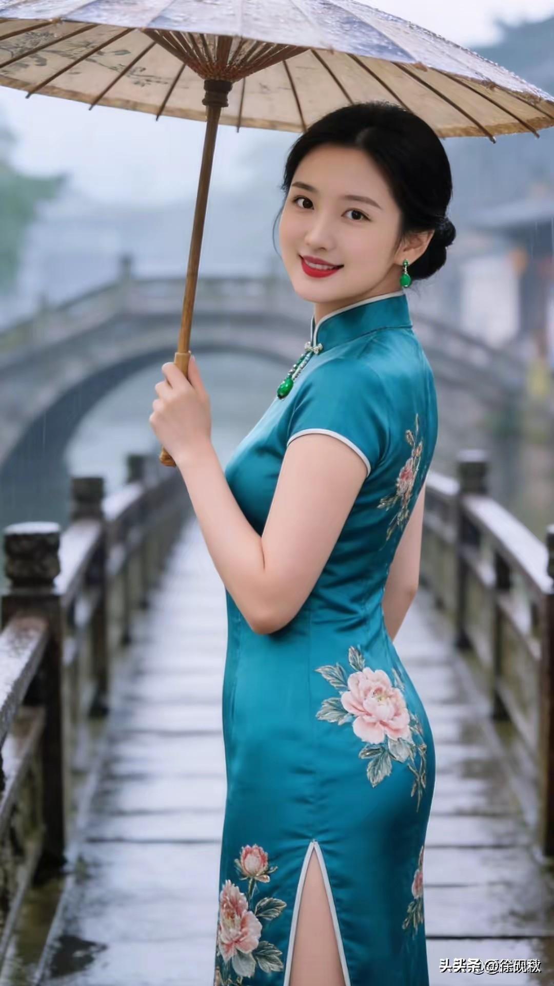 江南水乡，白墙黛瓦。
小桥流水，一把雨伞。
一把折扇，一叶小舟。
身着旗袍，流动