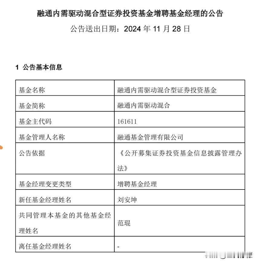 范琨管理的融通内需驱动增聘刘安坤为基金经理，这是范琨管理的规模最大的基金，如今也