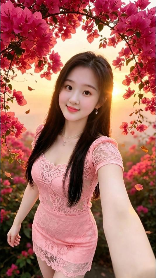 夕阳真美 三角梅花下 拍照