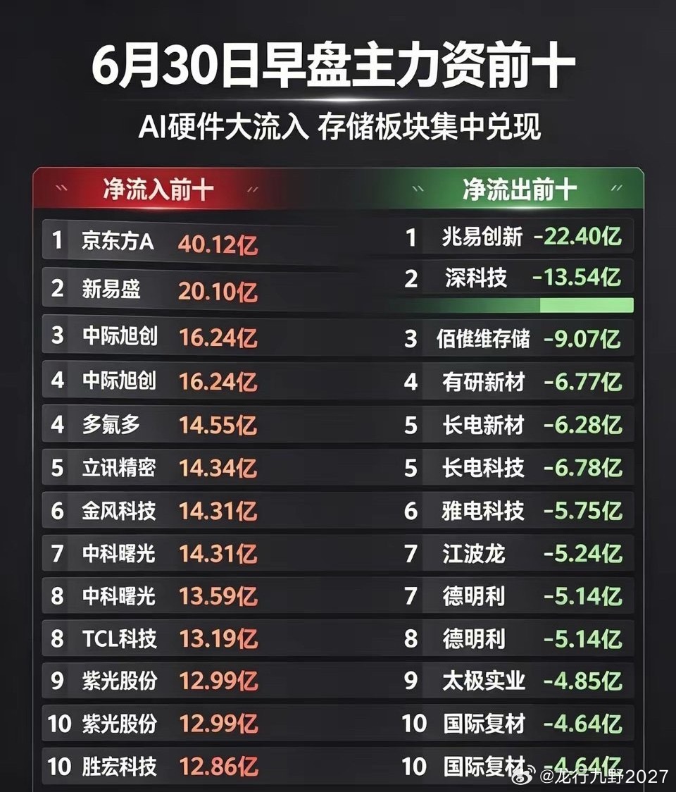 《6月30日早盘主力资金前十：AI硬件大流入，存储板块集中兑现》一、主力资金净流
