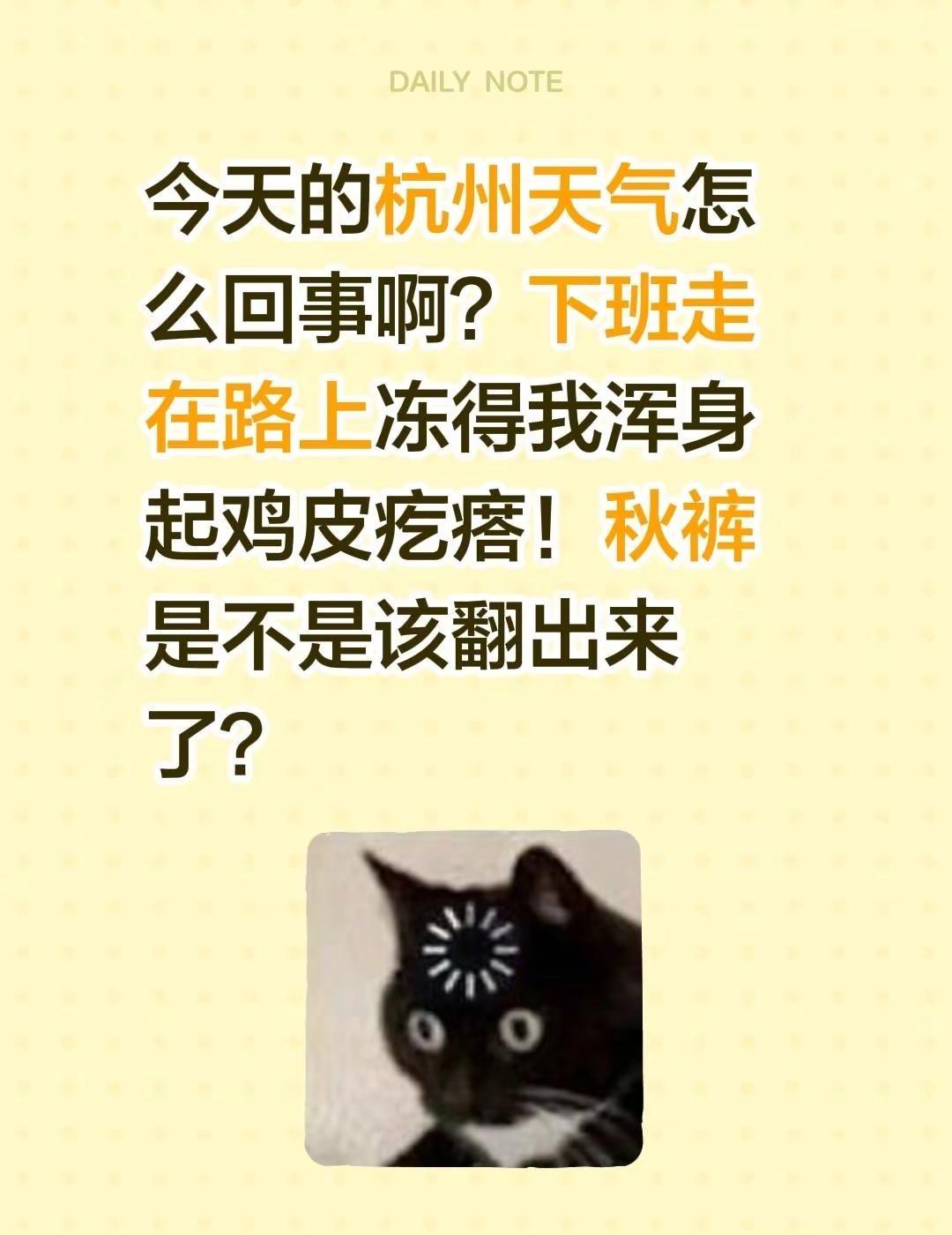 今天的杭州天气怎么回事啊？下班走在路上冻得我浑身起鸡皮疙瘩！秋裤是不是该翻出来了