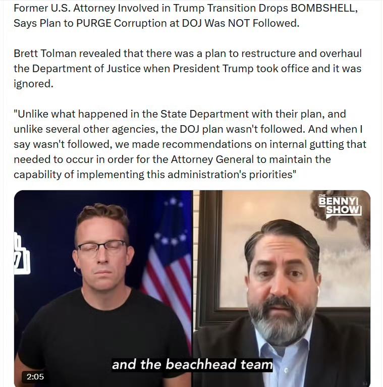前美国检察官、特朗普过渡团队成员布雷特·托尔曼爆出重磅消息：清除司法部腐败的计划