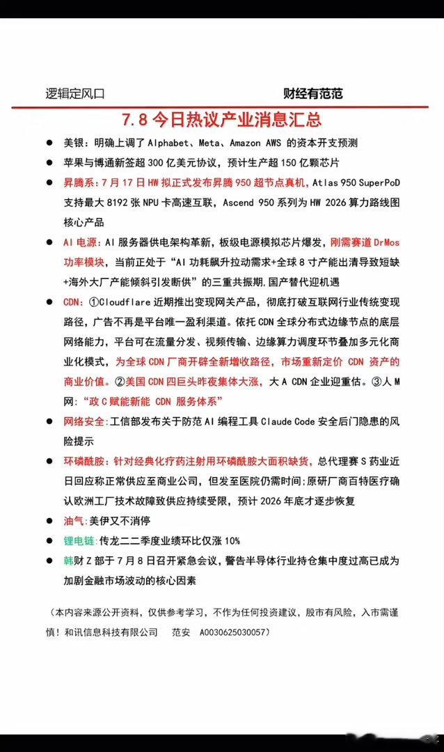 7.09周四  财经热点信息汇总！1.华为昇腾C950超节点2.环磷酰胺大面积缺