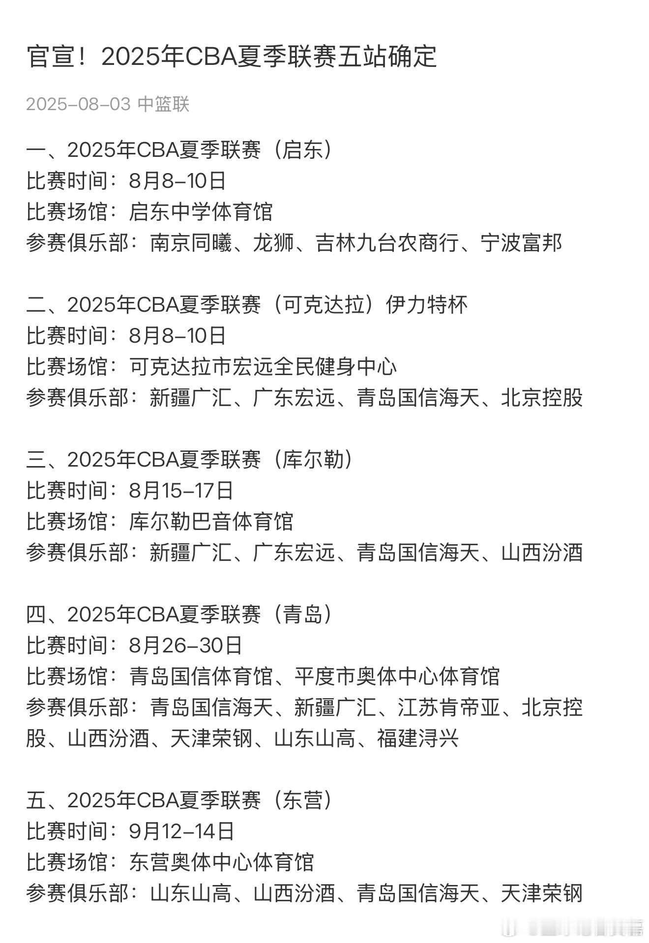 CBA夏季联赛五站和参赛球队全部确定： ​​​