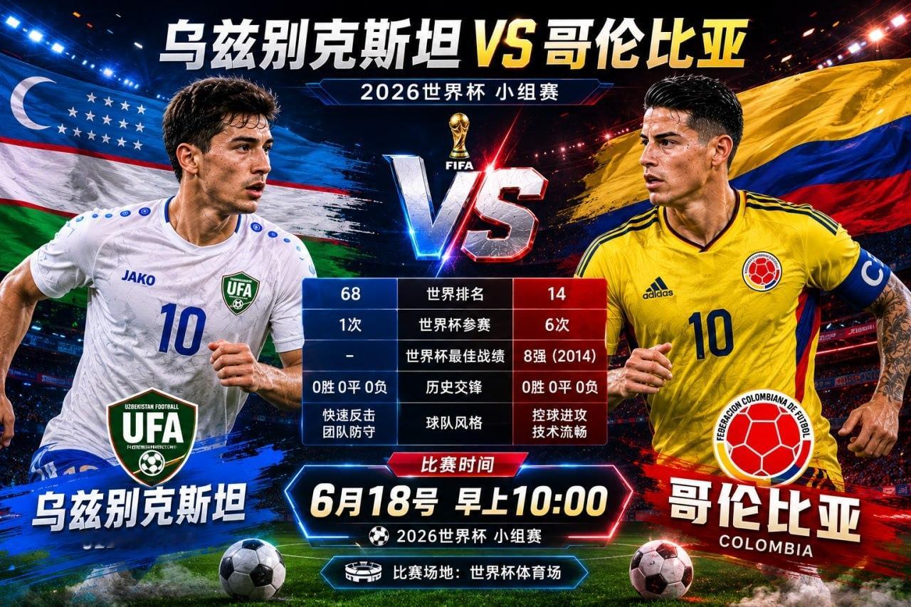 乌兹别克斯坦vs哥伦比亚 世界杯10:00开⚽️：哥伦比亚大小：小2.5∠球：小