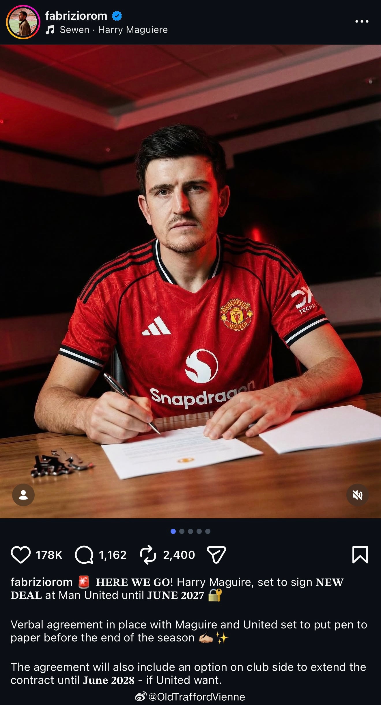 罗曼诺：马奎尔续约 嘿喂够！与曼联新合约1+1，到2027年6月，俱乐部可激活+