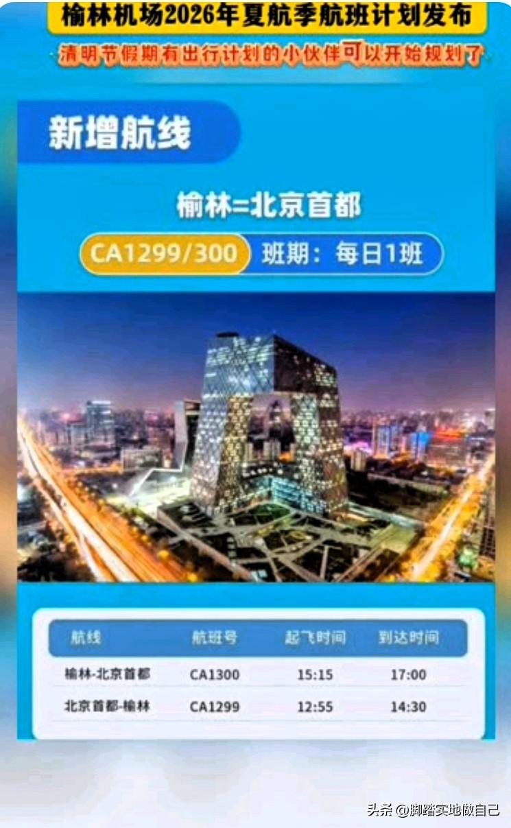 榆林人速看！3月29日起，飞北京更方便了！
 
家人们！榆林机场夏航季大调整，3