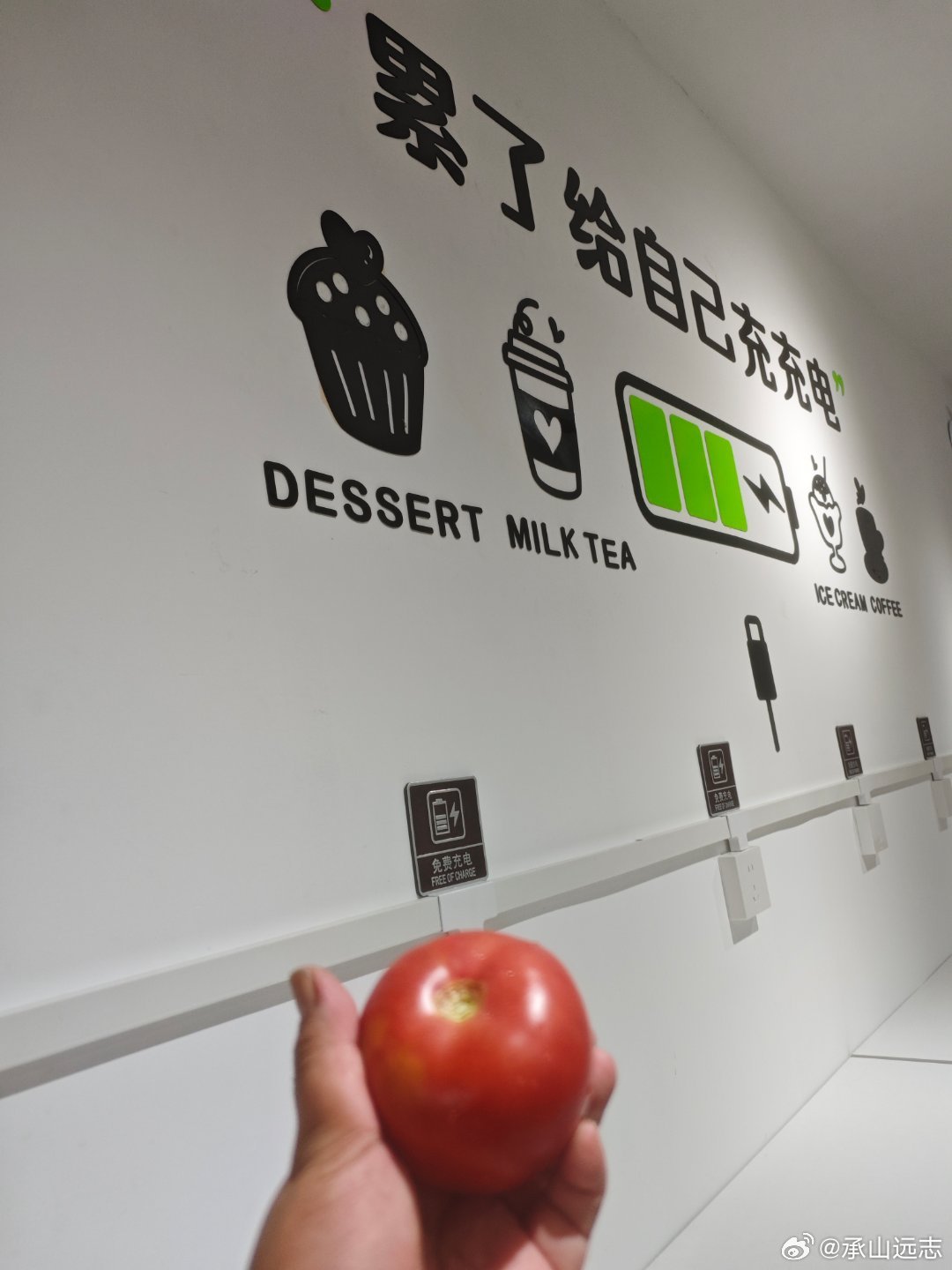 万全服务区找到了免费充电的奶茶店我吃自带的西红柿🍅既是水果又是菜，一举两得。 