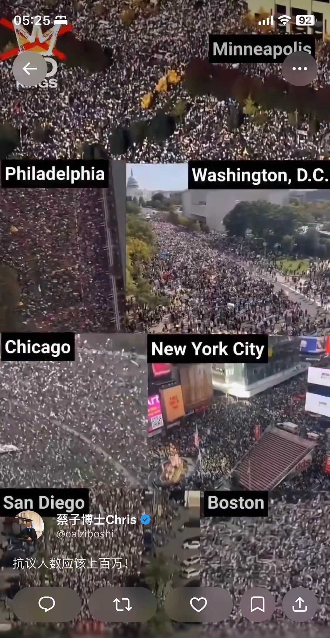 29日，“No king”游行抗议活动于美国多个地区同步开展。数百万美国民众涌上